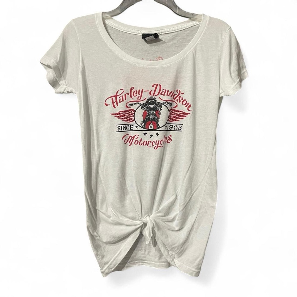 Harley-Davidson Women’s White Cotton T-Shirt with Red Accents & Front Knot
